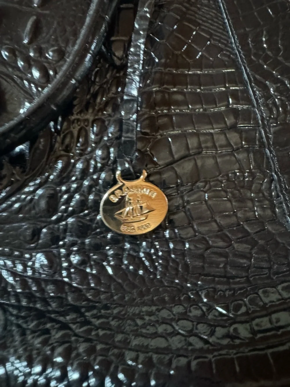 Brahmin Black Croc-Embossed Patent Leather Melbourne Satchel with Gold Accent - Picture 2 of 7